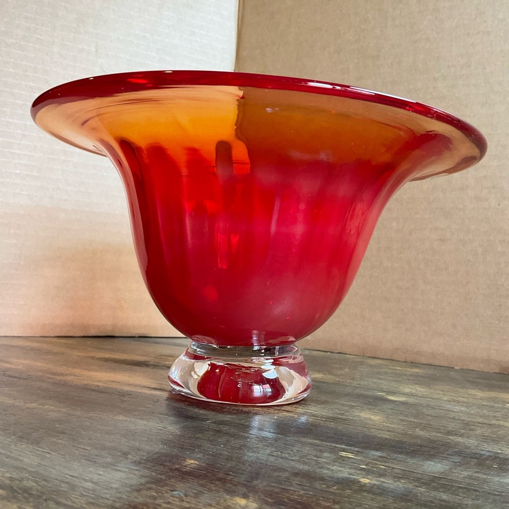 Art Glass Footed Red Orange Bowl Hand Blown Studio Glass Vase